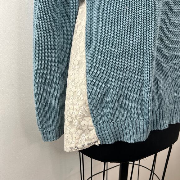 LOGO Lori Goldstein Blue Cotton Blend Asymmetric Sweater w/ Lace Godets Size M - Picture 4 of 10